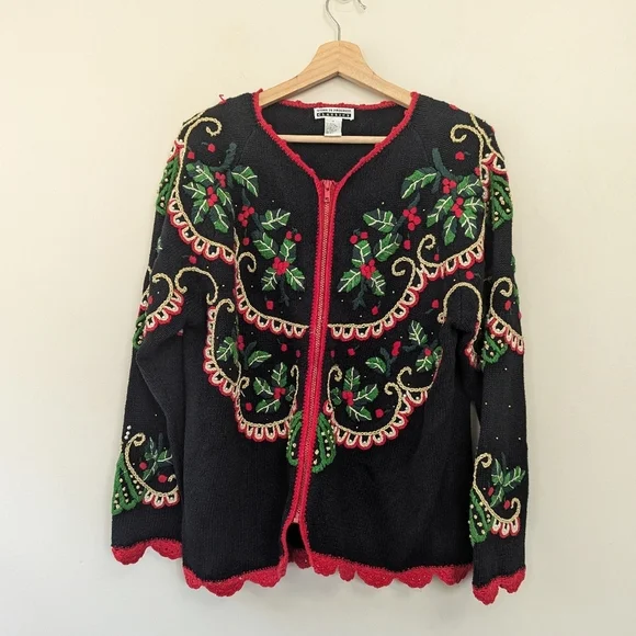 Vintage 90s Ugly‎ Christmas Embroidered Holly Sweater 3D - Picture 2 of 14